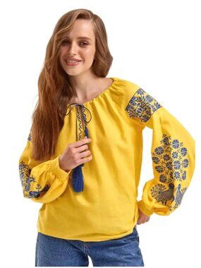 Women's  Embroidered Blouse Yellow, XL 55% Cotton, 45% Linen